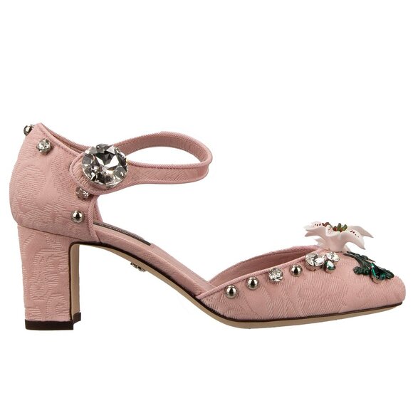 Dolce & Gabbana - Crystal Lily Brooch Brocade Ankle Strap Pumps VALLY Pink EUR 3 - Picture 4 of 5